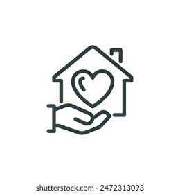 Thin Outline Icon Hand is Holding a House With a Heart Inside. Such Line Sign as Care Home or Shelter, Estate property. Vector Isolated Pictogram on White Background Editable Stroke.