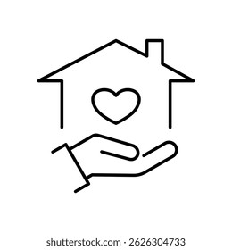 Thin Outline Icon Hand is Holding a House with a Heart Inside. Symbol of Hand is Holding a House with a Heart. Vector illustration.