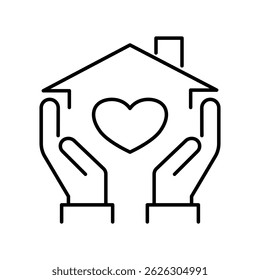 Thin Outline Icon Hand is Holding a House with a Heart Inside. Symbol of Hand is Holding a House with a Heart.