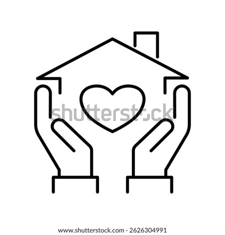 Thin Outline Icon Hand is Holding a House with a Heart Inside. Symbol of Hand is Holding a House with a Heart.