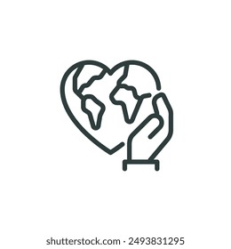 Thin outline icon hand hugs planet earth in heart symbol. line sign world environment day, community global support caring for the world. Vector isolated pictogram on white background editable stroke.