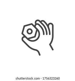 Thin Outline Icon Hand and Nut. Such Line sign as Fine Motor Skills, Preschool Learning, Educational Games. Vector Computer Custom Isolated Pictograms EPS, for Web on White Background Editable Stroke.