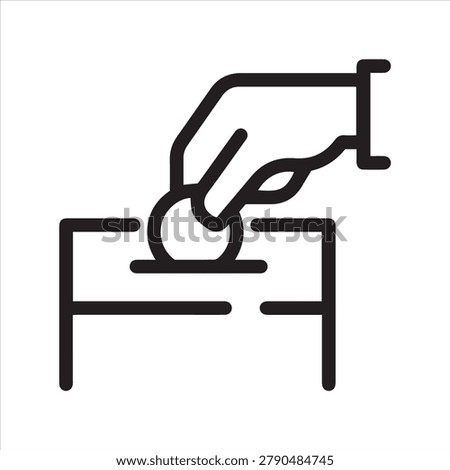 Thin outline icon hand putting a coin in a donation box. Such line sign as charity or donation, contribution and sponsorship. Vector isolated pictogram on white background editable stroke.