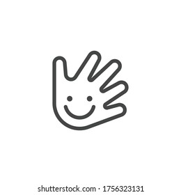 Thin Outline Icon Hand And Smile. Such Line Sign As Fine Motor Skills, Preschool Learning, Or Logo Daycare. Vector Computer Custom Isolated Pictograms EPS, For Web On White Background Editable Stroke.