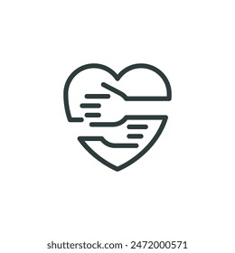 Thin Outline Icon Hands Hugging Heart Symbol, Heart Hug Yourself. Such Line Sign as World Heart Day, Embrace Yourself, Charity Message Kindness and Compassion, Caring Hands. Vector Isolated Pictogram.