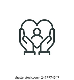 Thin Outline Icon Hands Hugging Heart Symbol in Which Sign Person. Line Charity, Message Love and Patient Care, Caring Hands. Vector Isolated Pictogram on White Background.