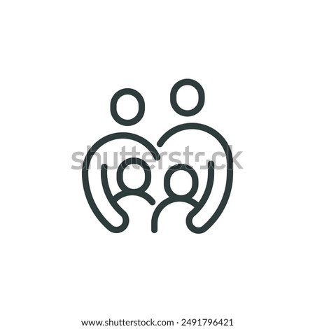 Thin outline icon happy young family, mother father and children. Line sign loving parents, family members, insurance family health. Vector isolated pictogram on white background editable stroke.