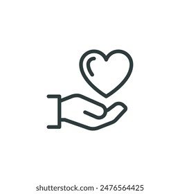 Thin Outline Icon Heart in Hand, Hand Holding a Heart. Such Line Sign as Gesture Charity, Message Love and Care, Caring Hands, Donation or Healthcare. Vector Isolated Pictogram on White Background.