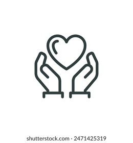 Thin Outline Icon Heart in Hands Two Hands Holding a Heart. Such Line Sign as Gesture Charity Message Love and Care, Caring Hands Donation or Healthcare. Vector Isolated Pictogram on White Background.