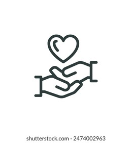 Thin Outline Icon Human Hand Supporting the Hand, Two Hands Holding a Heart. Such Line Sign as Gesture Charity Message Love and Care, Caring Hands Donation or Healthcare. Vector Isolated Pictogram.