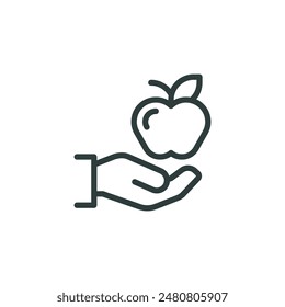 Thin outline icon human hand gives an apple. Such line sign as volunteer food, charity grocery, humanitarian assistance. Vector isolated pictogram on white background editable stroke.