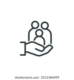 Thin Outline Icon Human Hand Holding Group People Symbol or Family. Line Sign Group Life Insurance, Caring Hands Family Medicine Vector Isolated Pictogram on White Background Editable Stroke.