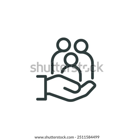 Thin Outline Icon Human Hand Holding Group People Symbol or Family. Line Sign Group Life Insurance, Caring Hands Family Medicine Vector Isolated Pictogram on White Background Editable Stroke.