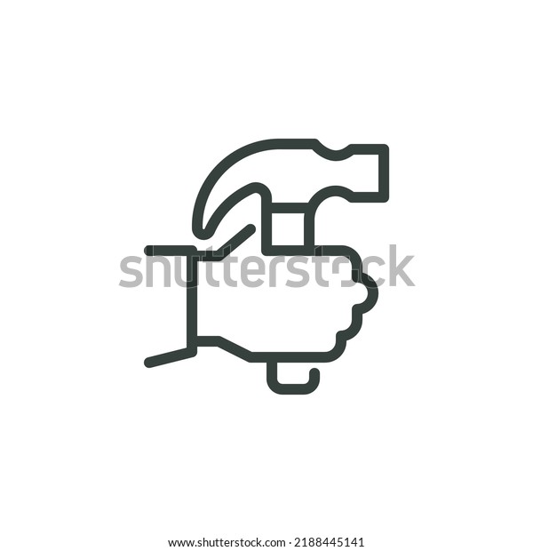 Thin Outline Icon Human Hand Holding a Hammer,
Malleus. Claw Hammer in Arm. Such Line Sign as Master's Services,
Repair Work, Shockproof. Vector Pictograms for Web on White
Background Editable