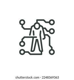 Thin Outline Icon Man Cyborg and Wire. Such Line Symbol Enfeeblement, AI Technology, Artificial Intelligence, Matrix Robotics. Vector Isolated Custom Pictogram on White Background Editable Stroke.