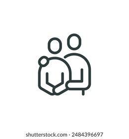 Thin outline icon man hugs another person. Line sign caregiver, hug friendship, care, empathy and compassion. Vector isolated pictogram on white background.