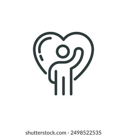 Thin outline icon man raising hand near heart symbol. Line sign greeting and goodwill, volunteering and care. Vector isolated pictogram on white background editable stroke.