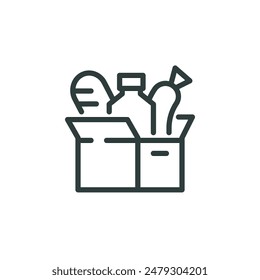 Thin outline icon open box containing food. Such line sign as volunteer food, bank charity grocery box, humanitarian assistance. Vector isolated pictogram on white background editable stroke.