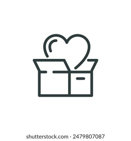 Thin outline icon open box with heart symbol inside. such line sign as charity, caring, donation box. Vector isolated pictogram on white background editable stroke.