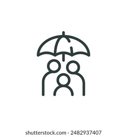 Thin outline icon people stand under umbrella. Such line sign as insurance family health, protection and safety. Vector isolated pictogram on white background editable stroke.