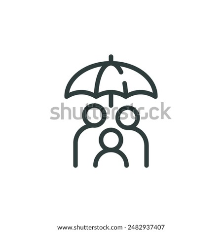 Thin outline icon people stand under umbrella. Such line sign as insurance family health, protection and safety. Vector isolated pictogram on white background editable stroke.