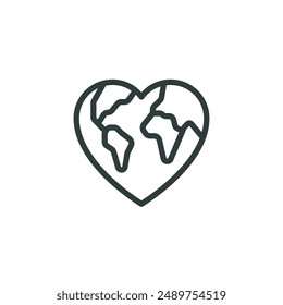 Thin outline icon planet earth in heart symbol. Such line sign as world environment day, community global support, world of love. Vector isolated pictogram on white background editable stroke.