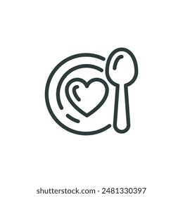 Thin outline icon plate with heart symbol and spoon. Line sign healthy eating or favorite recipe, volunteer food humanitarian assistance. Vector isolated pictogram on white background editable stroke.