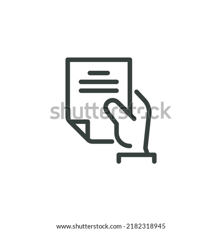 Thin Outline Icon Sheet of Paper or Document in a Person's Hand. Such Line sign as Request, Submission of Documents. Vector Computer Isolated Pictograms for Web on White Background Editable Stroke. 商業照片 © 