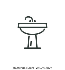 Thin Outline Icon Sink Unit With Tap Washbasin, Basin Washstand. Such Line Sign as Plumbing Sanitary Engineering. Vector Isolated Custom Pictogram for Web and App on White Background Editable Stroke.