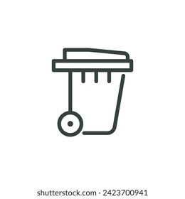 Thin Outline Icon Street Rubbish Bin, Trash Can with Wheels and a Lid. Such Line Sign as Recycle Garbage, Container for Garbage. Vector Isolated Pictograms on White Background Editable Stroke.