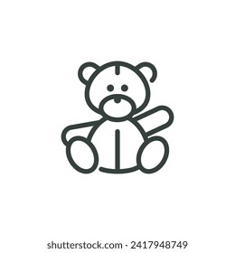 Thin Outline Icon Teddy Bear Waving Its Paw Front View. Such Line Sign as Children's Soft Plush Toy. Vector Isolated Custom Pictogram for Web and App on White Background Editable Stroke.