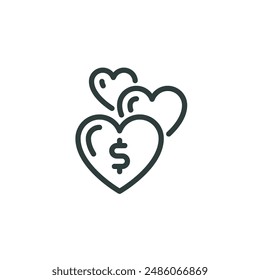 Thin outline icon three heart symbols with a currency sign. Line icon charity and donation, sponsorship contribution, humanitarian aid. Vector isolated pictogram for web and app on white background.