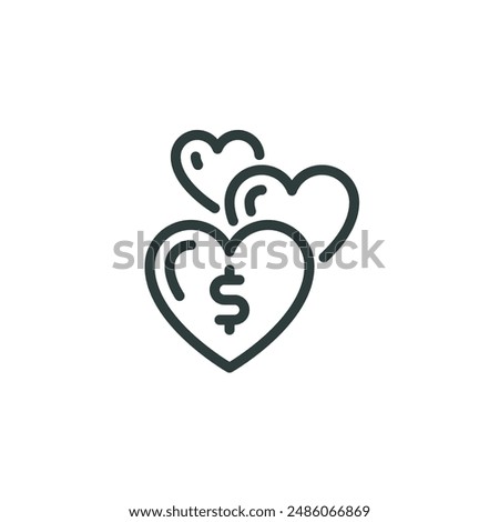 Thin outline icon three heart symbols with a currency sign. Line icon charity and donation, sponsorship contribution, humanitarian aid. Vector isolated pictogram for web and app on white background.