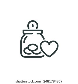 Thin outline icon tip jar or donation jar with a heart symbol. Line sign charity and donation, sponsorship contribution, humanitarian aid. Vector isolated pictogram on white background.