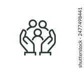 Thin Outline Icon Two Hands Holding or Hugging Group People Symbol or Family Line Sign Group Life Insurance, Caring Hands Family Medicine Vector Isolated Pictogram on White Background Editable Stroke.