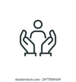 Thin Outline Icon Two Hands Holding Figurine Man or Hands Hugging Person Symbol. Line Sign Gesture Compassion Support, Protect Care helping, Caring Hands Vector Isolated Pictogram on White Background.