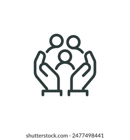 Thin Outline Icon Two Hands Holding or Hugging Group People Symbol or Family Line Sign Group Life Insurance, Caring Hands Family Medicine Vector Isolated Pictogram on White Background Editable Stroke.