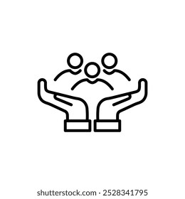 Icono de contorno delgado Dos manos sosteniendo o abrazando Personas de grupo Símbolo o signo de línea familiar Seguro de vida grupal.
