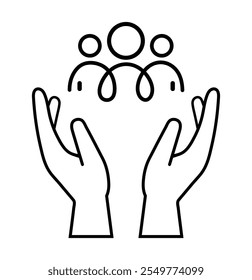 Thin Outline Icon Two Hands Holding or Hugging Group People Symbol or Family Line Sign Group Life Insurance, Caring Hands Family Medicine Vector Isolated Pictogram on White Background.