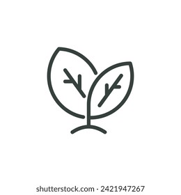 Icono De Contorno Delgado Dos Hojas, Planta De Crecimiento Con Hojas Del Suelo. Signo de línea como Etiqueta de producto natural saludable, Entorno ecológico Eco. Trazo editable en fondo blanco del pictograma aislado del vector.