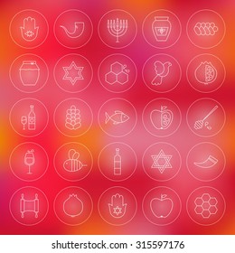 Thin Outline Jewish New Year Circle Line Icons Set. Vector Collection of Rosh Hashanah Holiday Line Circle Icons for Web and Mobile over Blurred Colorful Abstract Background. Israel Traditional Bundle
