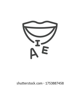 Thin Outline Mouth And Letters Icon. Such Line Sign As Articulation, Speech Therapy, Talk Or Speak. Vector Computer Custom Isolated Pictograms EPS 10 For Web On White Background Editable Stroke.