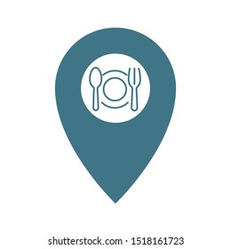 Thin outline pin location gps icon with place to food eat. Geometric marker with a plate, spoon and fork shape element. Abstract EPS 10 point illustration. Concept vector sign.