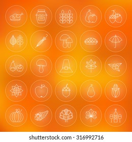 Thin Outline Thanksgiving Dinner Circle Line Icons Set. Vector Collection of Autumn Thanksgiving Day Holiday Thin Line Circle Icons for Web and Mobile over Blurred Background.Traditional Food Bundle