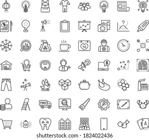 Thin outline vector icon set with dots - tactics vector, Hand saw, Photo services, SEO monitoring, Marketing solutions, Business Company, Semantic Analysis, Clipboard, Marker, commerce, jeans, crab