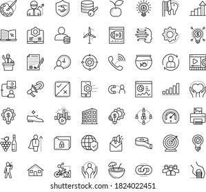 Thin outline vector icon set with dots - goal vector, growth, Winemaking, Human Resources, Mail marketing, Web Link, eLearning, Business networking, Innovation, Idea, Machine learning, AI Decision