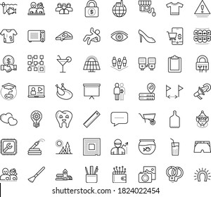 Thin outline vector icon set with dots - elf vector, innovation, vision, Garden hose, Photo services, Computer repair, Video training, Game based Learning, Clustering, Stationery, Board stand, staff