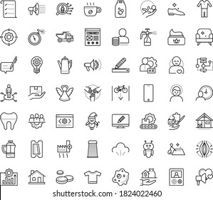 Thin outline vector icon set with dots - headache vector, muscle pain, santa, angel, innovation, Spray bottle, area of specialization, hr manager, solutions, babysitting service, Social campaign