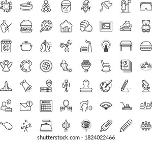 Thin outline vector icon set with dots - cough vector, santa, sleigh, angel, teddy bear, Christmas bell, successful woman, Lawnmower, Spam, Autonomous, Pencil, Scissors, Marker, Creative process