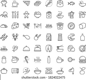 Thin outline vector icon set with dots - gingerbread man vector, candy cane, Gardening, seeds, starters, Soup, main dish, Pizza, Salad, seafood, dessert, vegetarian, fish steak, sardine, oyster, pan